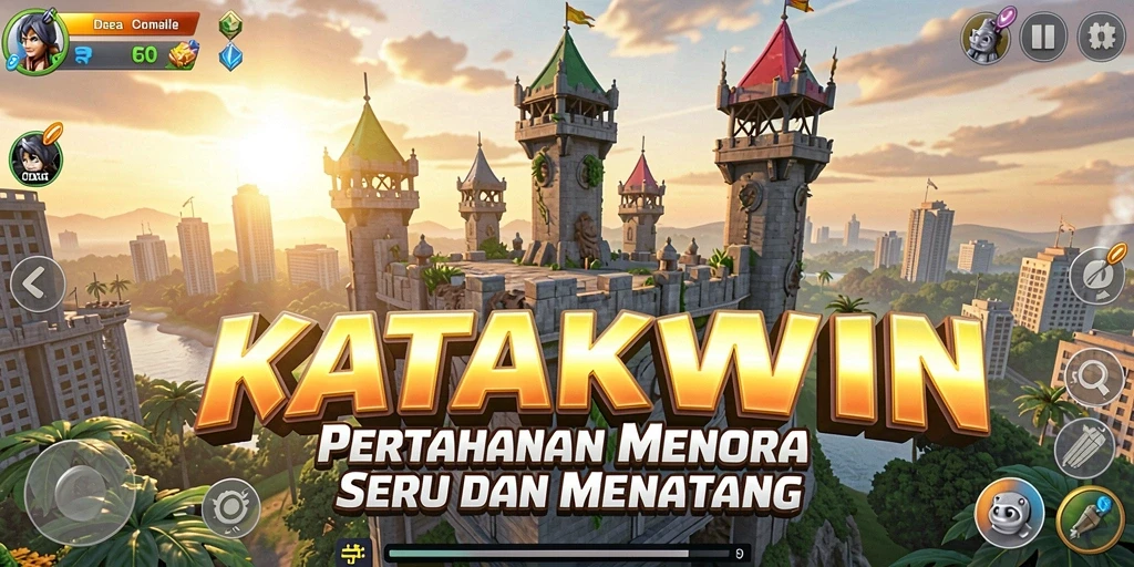 Tampilan gameplay KATAKWIN dengan menara pertahanan yang megah.