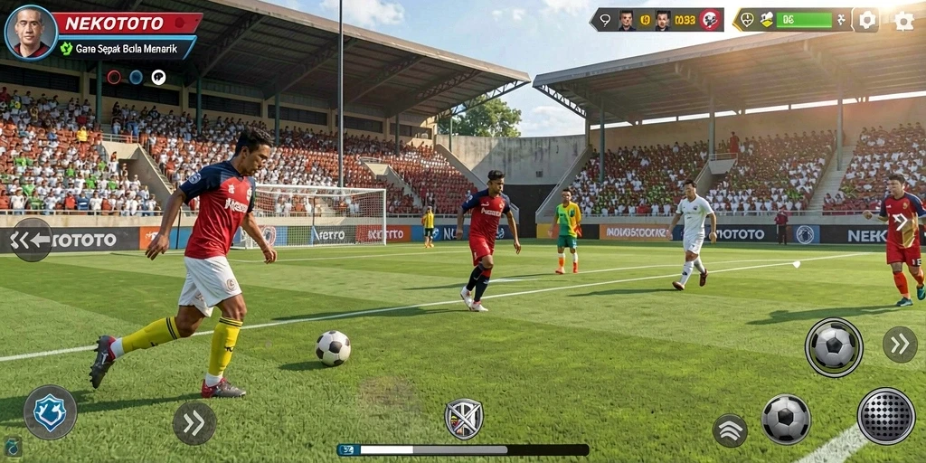 Gameplay NEKOTOTO dengan aksi sepak bola yang menegangkan.