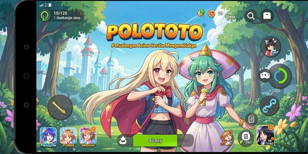 Tampilan gameplay utama POLOTOTO dengan karakter anime yang dinamis.
