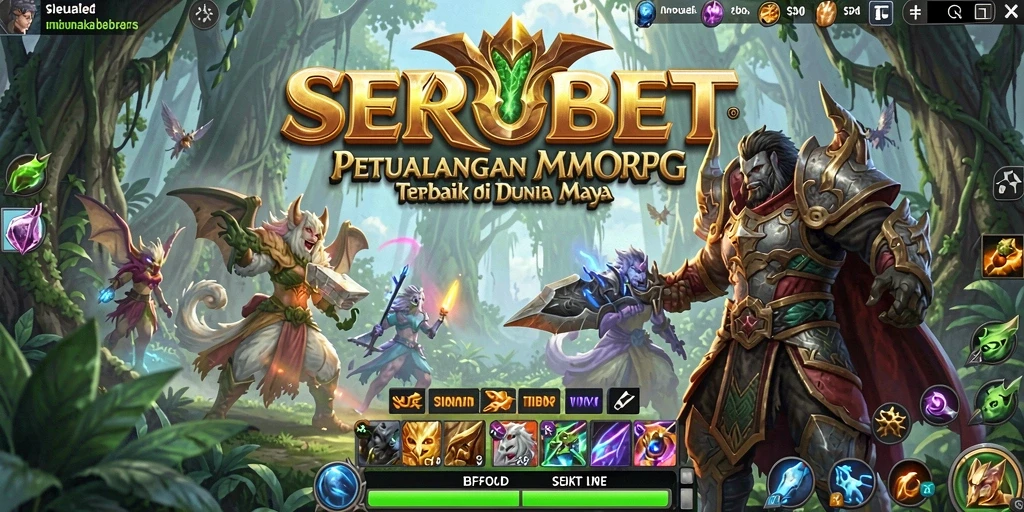 Screenshot gameplay SERUBET yang menunjukkan aksi pertarungan epik di dunia fantasi.