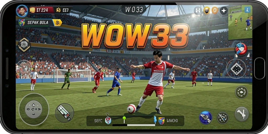 Screenshot utama WOW33 menampilkan aksi seru permainan sepak bola.